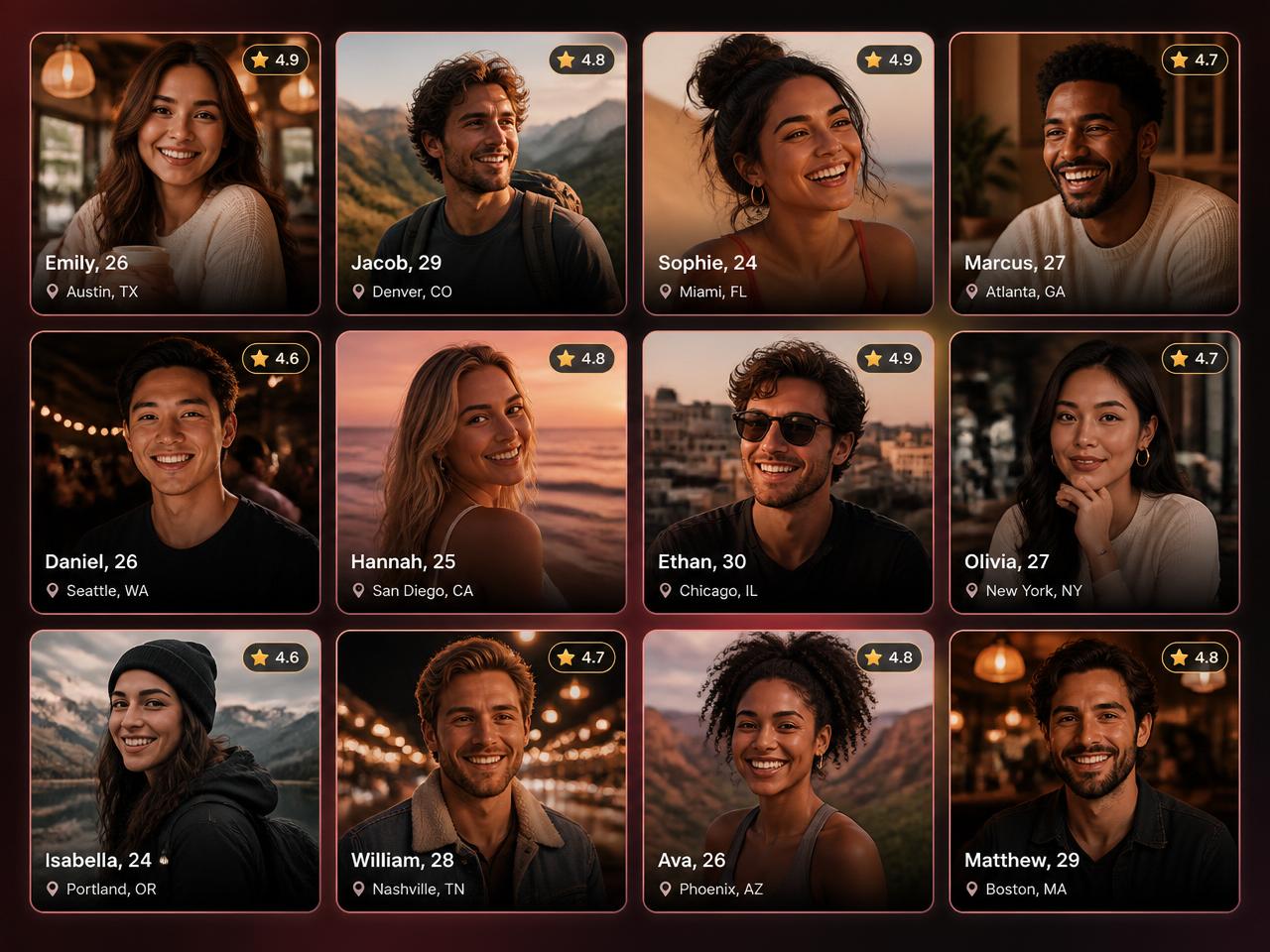 A grid of dating profile photos ranked by AI